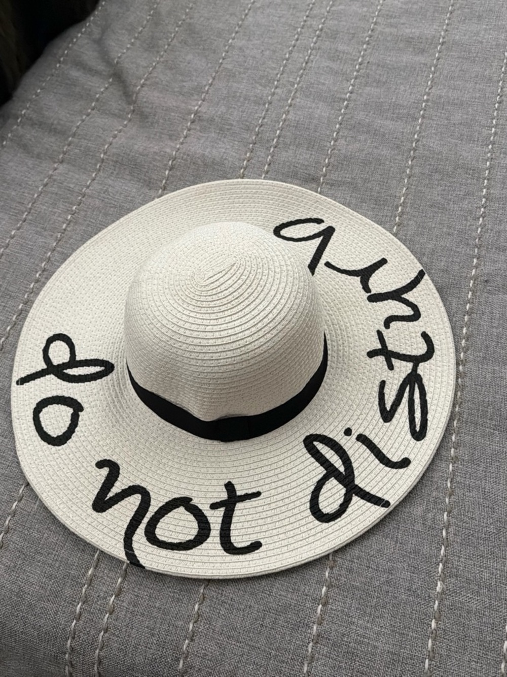 August Hats White Wide-Brim Sun Hat with Black Script and Band